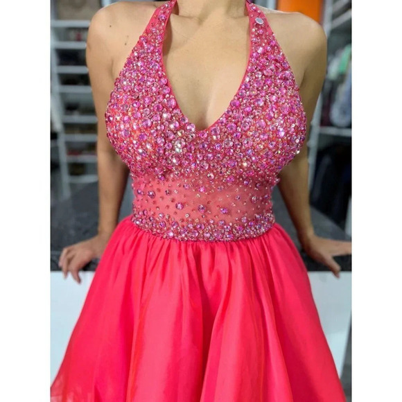Hannah S 27074 Halter Pink Beaded Barbiecore Formal Dress $298 - Picture 3 of 11